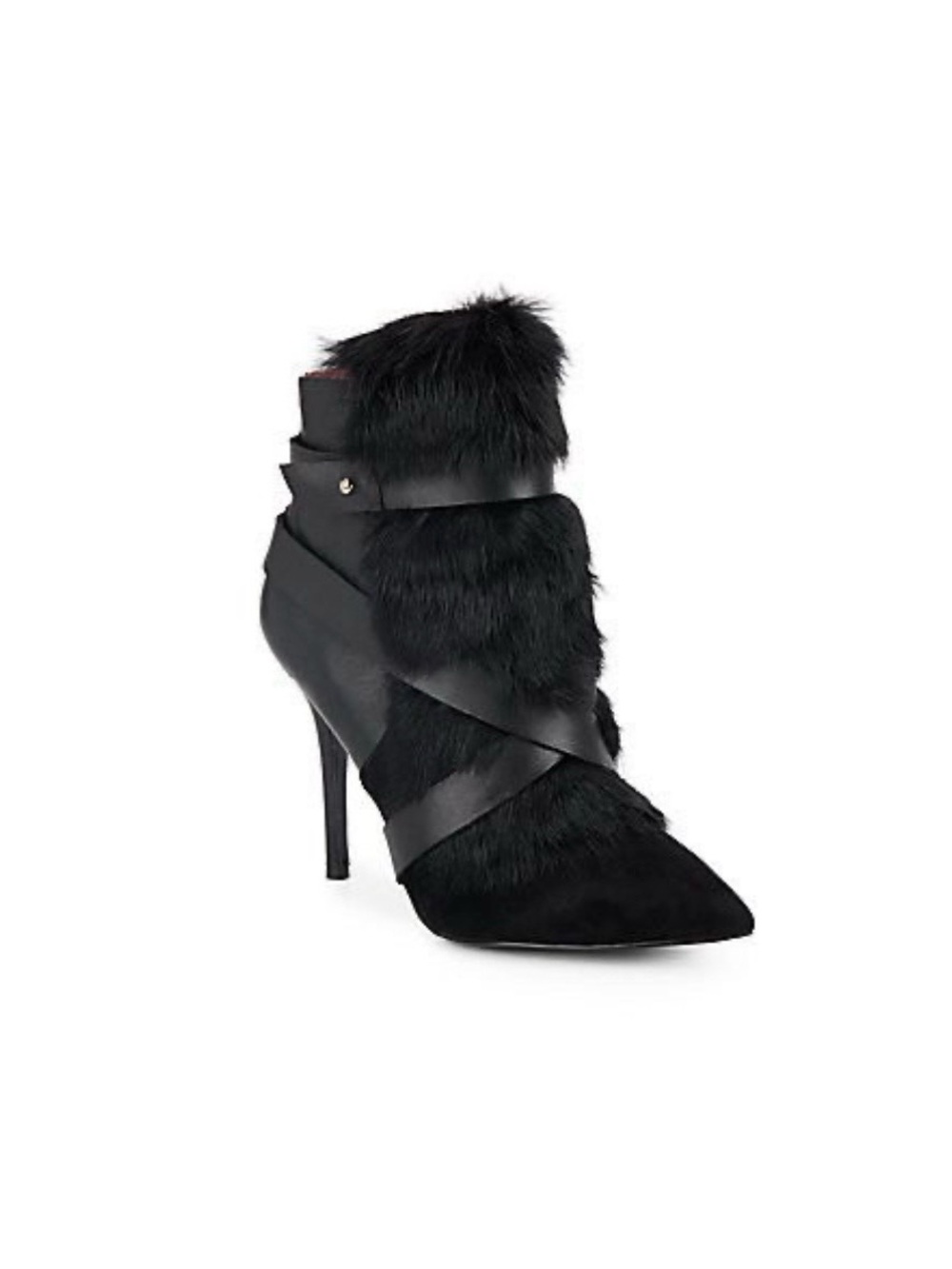 Charles Jourdan Knife Black Leather Fur Pointed Toe Stiletto Ankle Boots, Size 7